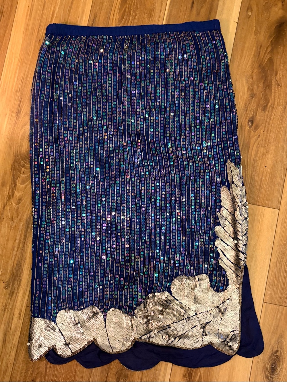 Vintage 80s 90s Silk Sequin Skirt Iridescent Blue Silver Beaded Midi
